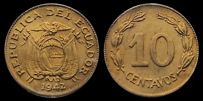 1942 Ecuador 10 Centavos Coin Laurel Coat Of Arms • $4