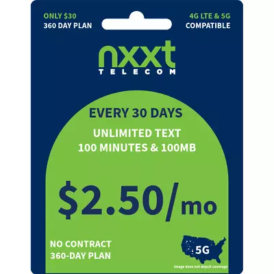 $2.50/Mo Nxxt Prepaid Flex Plan | UNLIMITED Text 100 Minutes 100MB High Speed • $30