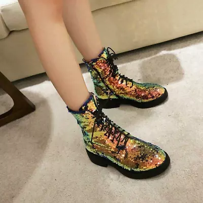 Womens Glitter Sequin Ankle Boots Low Heels Lace Up Nightclub Shoes Glitter Size • $57.25