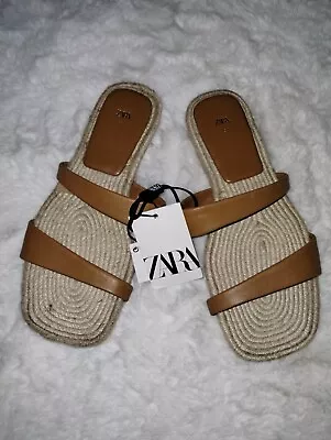 Zara Women's Tan Flat Slip On Sandals Slides Size 6.5 US 37 New 📦Free Ship📦 • $26.99