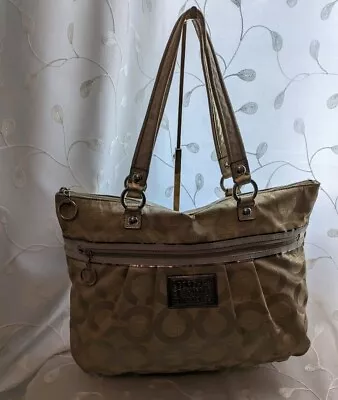 COACH Poppy Op Art Glam 15865 Metallic Gold Sateen Canvas Large Tote Purse • $35