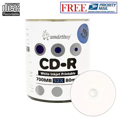 100 Pack Smartbuy Blank CD-R 52X 700MB 80M White Inkjet Printable Record Disc • $20.69