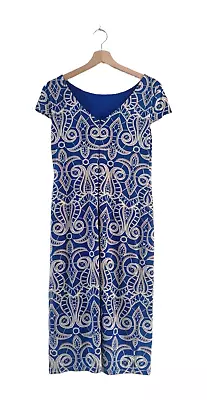 New QVC Ronni Nicole Short Sleeve Puff Print Dress Size UK 10 Cobalt Blue Taupe • £15