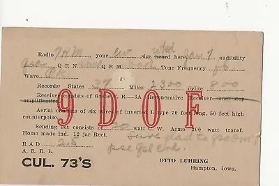 1923   9DOF  Hampton Iowa QSL Radio Card • $6