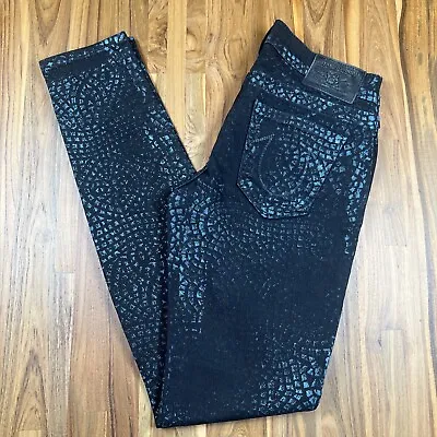 True Religion Casey Jeans Sz 26 Black & Blue Snakeskin Skinny Stretch 28 X 30.5 • $33.19