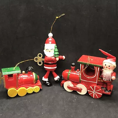 Vintage Wood Christmas Ornaments 2 Train Locomotives & Santa With Key Lot Of 3  • $15.99