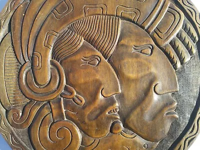 Honduras Hand Carved Plaque Circular  Mayan  Chief Face Wall Hanging Wood  Art  • $149.96