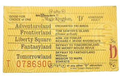 Vintage Walt Disney World Magic Kingdom Mickey Mouse Adult Ticket D Yellow • $4.99