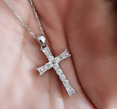 1Ct Simulated Diamond Cross Pendant Necklace With Chain Women's Men's 925 Silver • $73.01