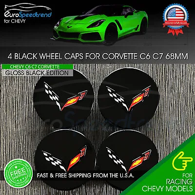 Corvette Wheel Center Caps Gloss Black C7 C6 Cross Flag Set 68mm 23217059 OE 2.7 • $29.99