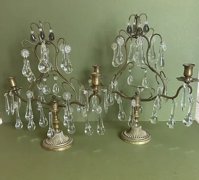 $245 • Buy Hollywood Regency MCM Candle Stick Candelabras Crystals Brass Vintage Pair As Is