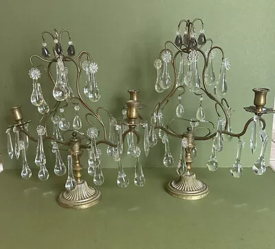 Hollywood Regency MCM Candle Stick Candelabras Crystals Brass Vintage Pair As Is • $245