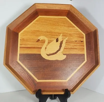 Vintage Wooden Inlay Swan Marquetry Serving Tray Octagon Philippines 14 X 14 • $30