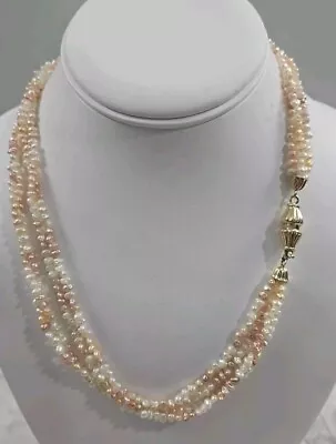 Stunning 14k Yellow Gold Pink & White Pastel Pearl Necklace 4 Strand 20 In • $275