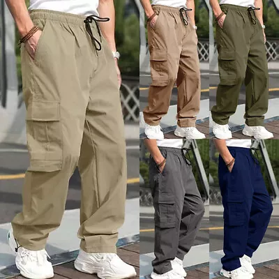 Mens Cargo Pants Joggers Wide Leg Elasticated Waist Combat Work Casual Trousers • $15.35
