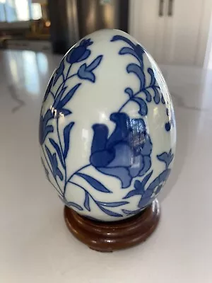 5” Blue And White Decorative Egg Blue Flowers Chinoiserie W/ Wood Stand; Easter • $24.99