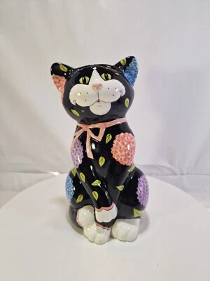 $19 • Buy Vtg Bella Casa Ganz Red Cat Black Floral Vase Glazed Ceramic 9.5” Tall, B6