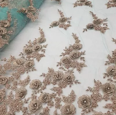 0.5m Embroidery Gem Lace Fabric Lace Heavy 3D Roses Bridal Gown Wedding DIY 50  • £14.39