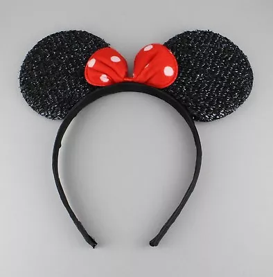 Black Sparkle Minnie Mouse Ears Headband Ear Hair Band Costume Mickey Sparkly • $5.98