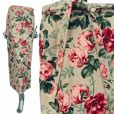 Vintage Laura Ashley Wrap Skirt Linen Cotton Cabbage Roses Floral Midi  UK 12 14 • $53.94