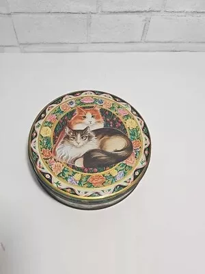 Vtg  6.5” Round Metal Biscuit Confectionery Candy Tin  Cats And Flowers  • $14.50