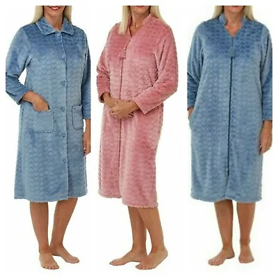 Ladies Fleece Embossed Zip & Button Through Dressing Gown Robeuk Sizes 8-26 • £19.99