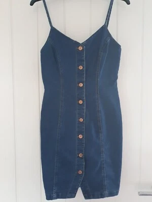 £5 • Buy New Look Button Denim Dress Asos V Neck Sleeveless Blue Fitted Mini Size 10