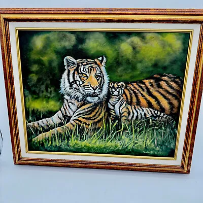 Vintage Original Signed Oil Painting 1963 Majestic Tiger With Baby Tiger Framed • $95