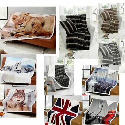 Soft Winter Sherpa Fleece Blanket Sofa / Bed Throw Animal Stripe Tartan City • £22.99