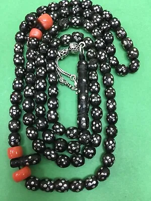 Antique Black Coral -Silver In Lay 99 Worry Beads Islamic Masbaha 46!Grams -## • $250