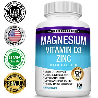 Magnesium Zinc Vitamin D3 Calcium 1786 MG Complex (100 Tablets)-High Absorption • $19.97