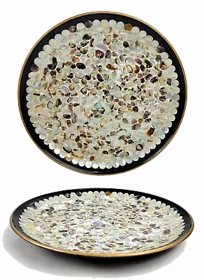 MOP Abalone Seashell Mosaic Inlay Decorative Round Serving Tray Charger 13  Vtg • $47.97