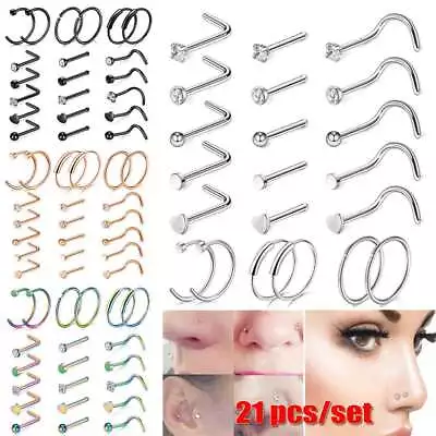 21PCS 20G Surgical Steel Mix Color CZ Nose Stud Rings L Shaped Piercing Jewelry • $9.39