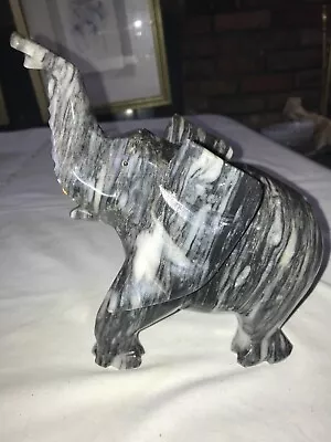 ELEPHANT Striped MARBLE Carved ONYX Trunk Up LUCKY Pose PACHYDERM Figurine 9½  L • $45