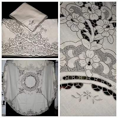 Vintage MADEIRA ROUND Hand Embroidered Irish Linen Tablecloth+12 Napkins Unused • $185