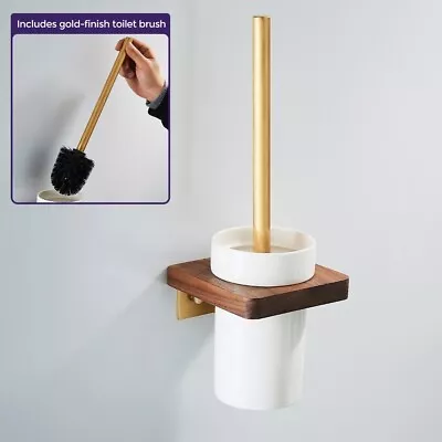 Luxhause Luxury Toilet Brush Holder And Ceramic Bowl Wooden Walnut & Gold • £10.99