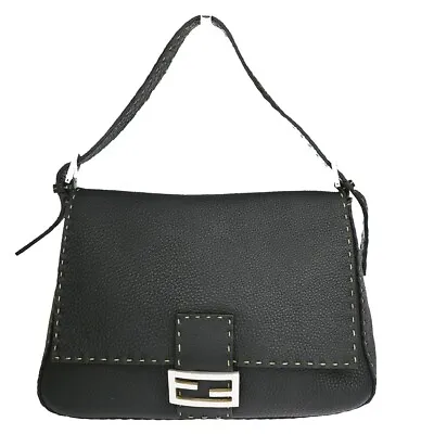 FENDI Logo Selleria Mamma Stitch Shoulder Bag Leather Black Silver Italy 51RJ345 • $918