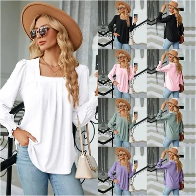 Women's Top Ruched Long Sleeve Square Neck Blouse Tops Ladies Casual Pullover UK • £6.79