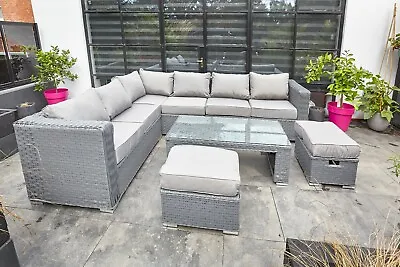 8 Seater Garden Furniture Grey Rattan Corner Sofa With Table Stools Rain Cover • £1299.99