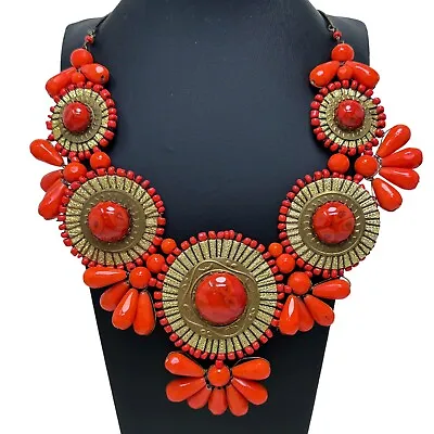 Vintage Zad Bohemian Romance Coral Color Gold Tone Statement Necklace • $49.40