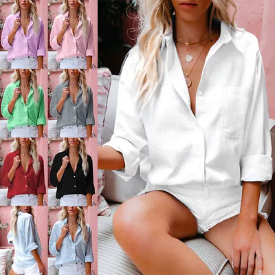£11.29 • Buy Womens Long Sleeve Linen Shirt Ladies OL Work Formal Button-up Baggy Blouse Tops
