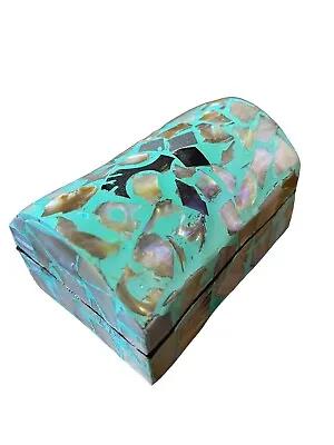 Handmade Trinket Box With Abalone Shells Turquoise Color Velvet Lined • $14.90