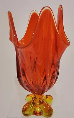 Vintage MCM Viking Glass 11  Persimmon Cadmium UV Glow Square Footed Swung Vase • $69.99