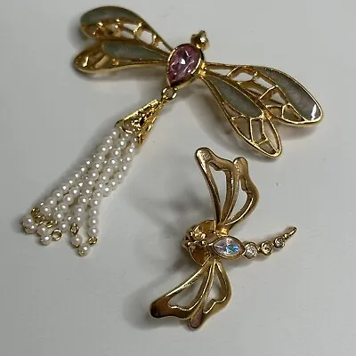 Vintage Avon Dragonfly Enamel Pink Rhinestone Faux Pearl Tassel Gold Tone Brooch • $29.99