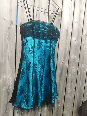 Black Lace Dress Lined W Blue Satin Size Small Formal Eveningwear Prom • $48