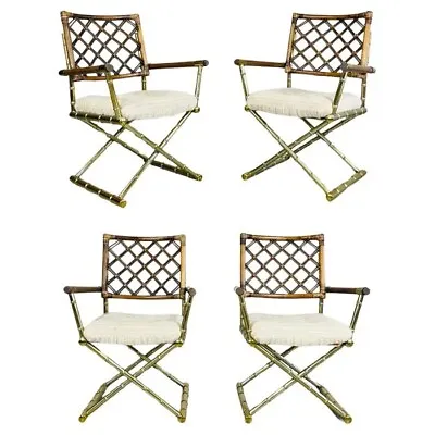 4 Vintage Cleo Baldon Style Daystrom Brass Faux Bamboo Lattice Rattan Armchairs • $1750