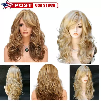 Pop Womens Golden Blond Heat Resistant Long Curly Wavy Full Volume Hair Wig USA • $13.49