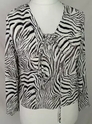 LONDON RAG TOP - Zebra Print Blouse Shirt - Lace Up Neck - White Mix- L 12 14 • £8.99