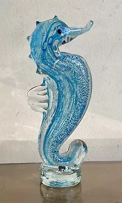 Murano Art Glass Turquoise Blue And Silver Leaf Seahorse 8  Figurine • $35