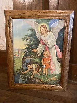 VTG Framed 1940’s “The Guardian Angel” With Child On Cliff.  Litho 16  X 11.5” • $72.44